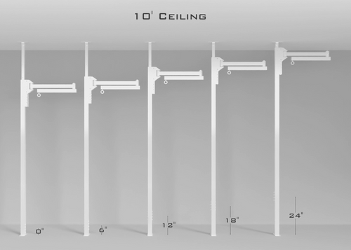 LRT foot-mount options on a 10 ft ceiling: 0, 6, 12, 18 and 24 in. foot extensions