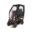 Scooterpac folding canopy fitted to a 4-wheel mobility scooter, three-quarter front view — clear Perspex windscreen and zippable side doors