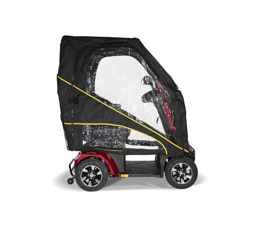 Scooterpac canopy on a mobility scooter, side view showing the full-length side window and door zip