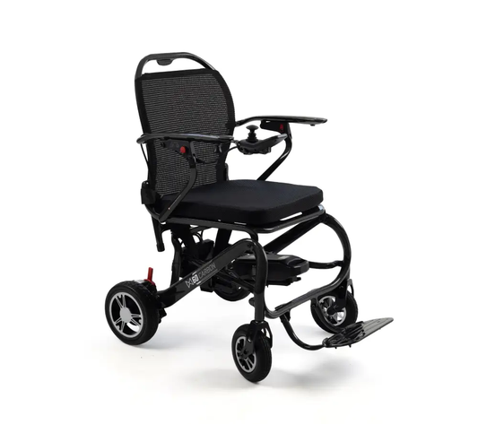 Monarch MM60 Carbon folding power wheelchair in black carbon fibre, three-quarter front view