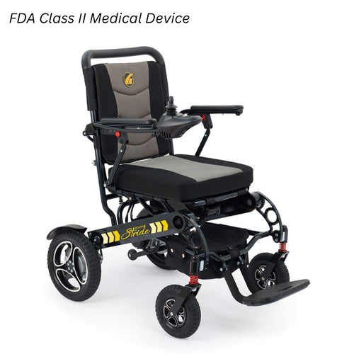 Golden Stride GP301 foldable power wheelchair in black, three-quarter front view