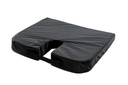 Black orthopedic coccyx seat cushion with U-shaped cutout for tailbone pressure relief, featuring a smooth nylon cover and attached black carrying strap on one side, shown from an angled front view against a white background