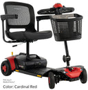 Pride Go Go Elite Traveller Gen 3 4-wheel travel scooter in the included Cardinal Red shrouds, three-quarter front view