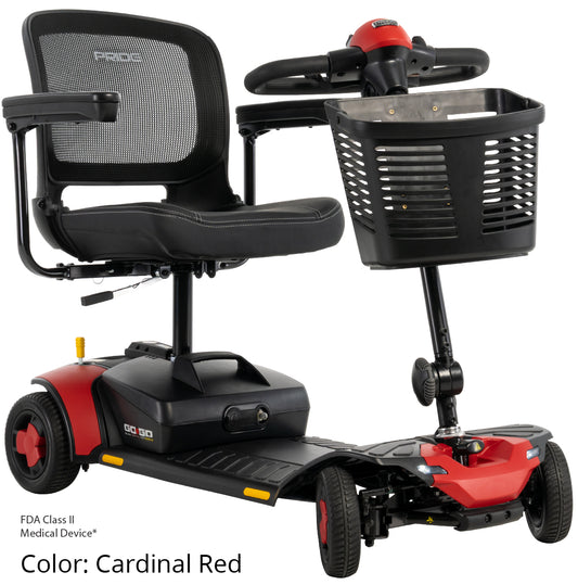 Pride Go Go Elite Traveller Gen 3 4-wheel travel scooter in the included Cardinal Red shrouds, three-quarter front view