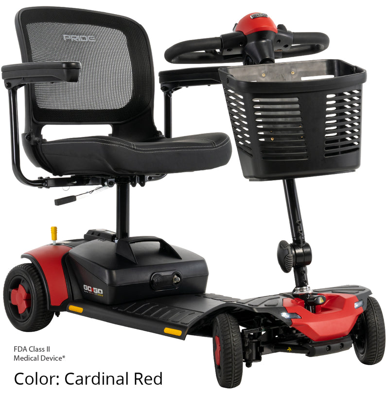 Pride Go Go Elite Traveller Gen 3 4-wheel travel scooter in the included Cardinal Red shrouds, three-quarter front view