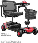 Pride Go Go Elite Traveller Gen 3 Platinum 4-wheel travel scooter in the included Cardinal Red panels, three-quarter front view