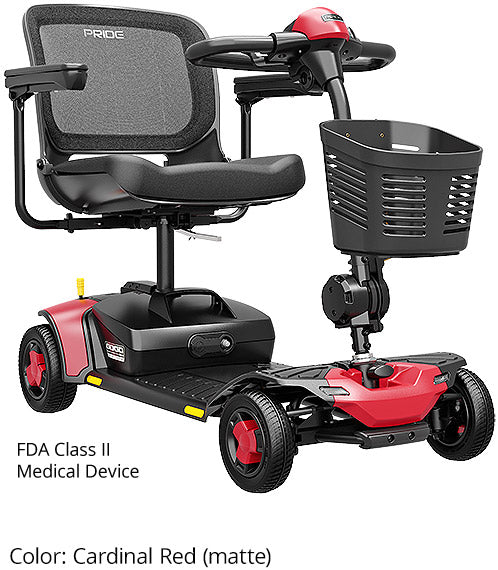 Pride Go Go Elite Traveller Gen 3 Platinum 4-wheel travel scooter in the included Cardinal Red panels, three-quarter front view
