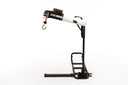 Monarch Atlas 4 portable car lift on the New SUV Base: white lifting boom with hook, black telescoping base frame and ratchet mounting post, side view.