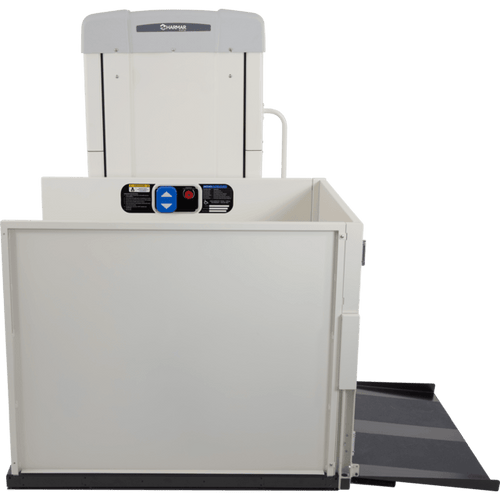 Harmar VPL400-X vertical platform lift, platform raised, showing the guard panels, control panel and access ramp