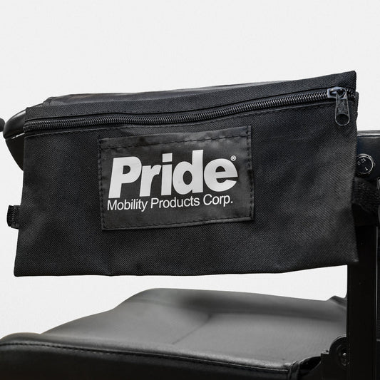 Pride Mobility saddle bag, part DWR1020D010, on a seat back - manufacturer image