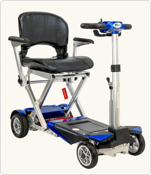 Enhance Mobility Transformer 2 auto-folding mobility scooter in blue, three-quarter front view - manufacturer image