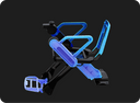 Rendering of the WHILL Model C Lite with its moulded carbon fibre components highlighted in blue: seat frame, backrest, controller arm and footplate.