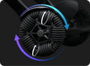 Close-up of a WHILL Model C Lite front omni wheel with arrows illustrating the rollers that let it move sideways as well as forward.