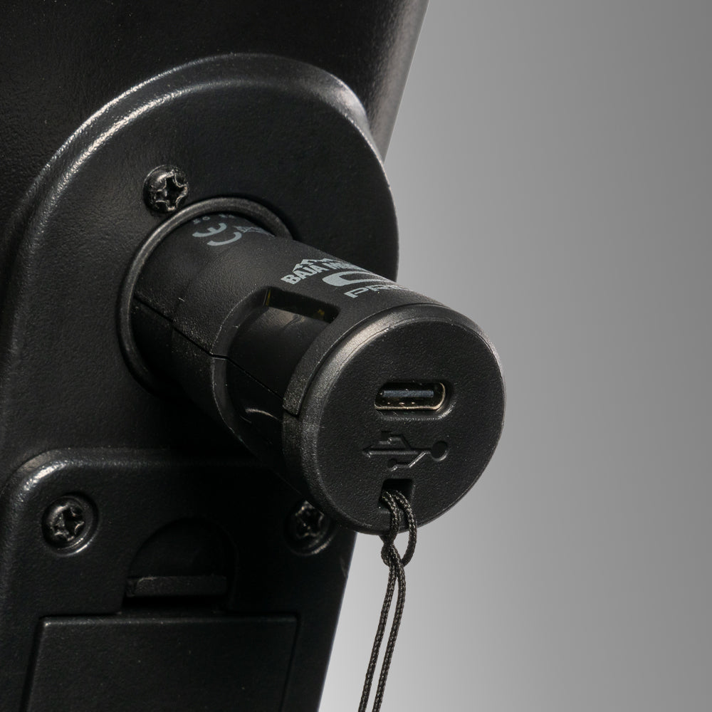 Pride XLR USB-C charger (KIT2306214) plugged into a mobility scooter charging port
