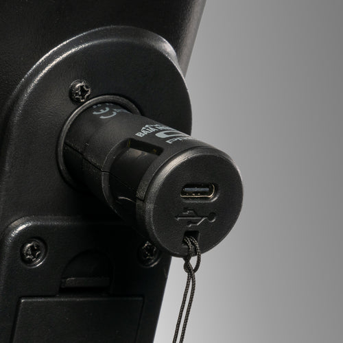 Pride XLR USB-C charger (KIT2306214) plugged into a mobility scooter charging port